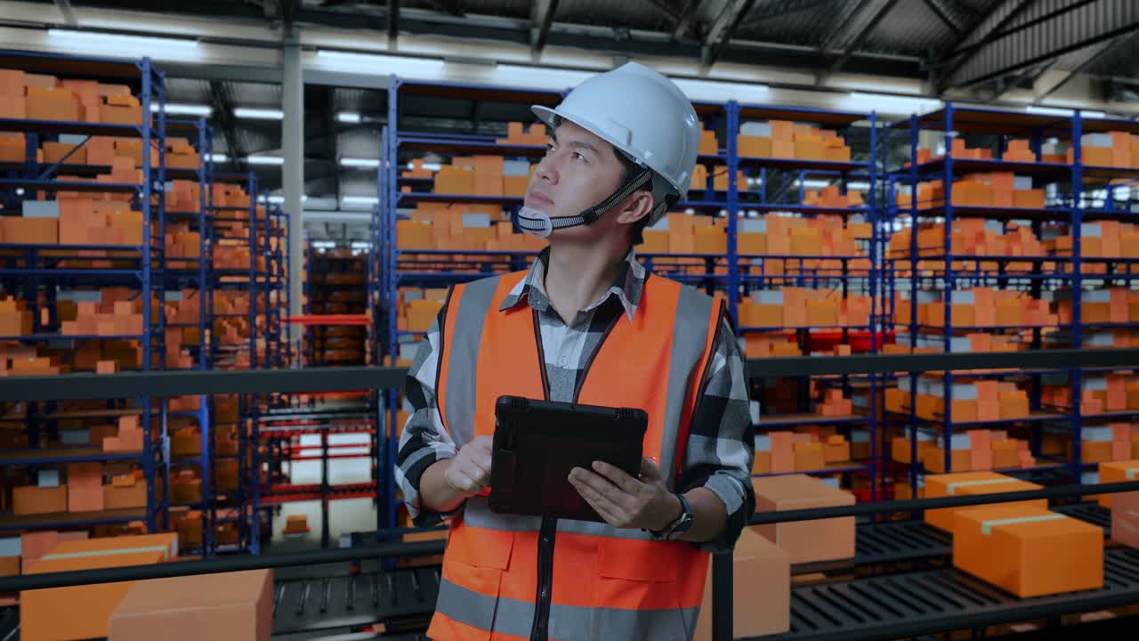 ingeniero masculino asiático con casco de seguridad mirando la tableta en su mano y mirando a su alrededor mientras estaba de pie en el almacén con estantes llenos de bienes de entrega