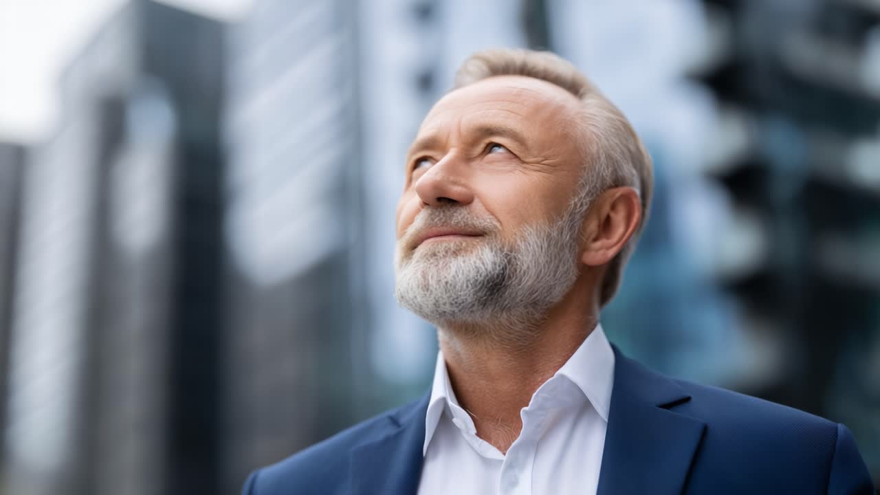 A Confident Older Man Gazing Optimistically at the Future Amidst Modern Architectural Wonders, Exuding Wisdom, Experience, and Professionalism in His Stance