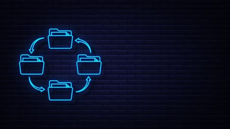 icono de neón con intercambio de archivos. icono de almacenamiento en la nube. almacenamiento de datos. gráfico de movimiento