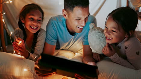 Kids,-tablet-and-a-father-with-his-girls