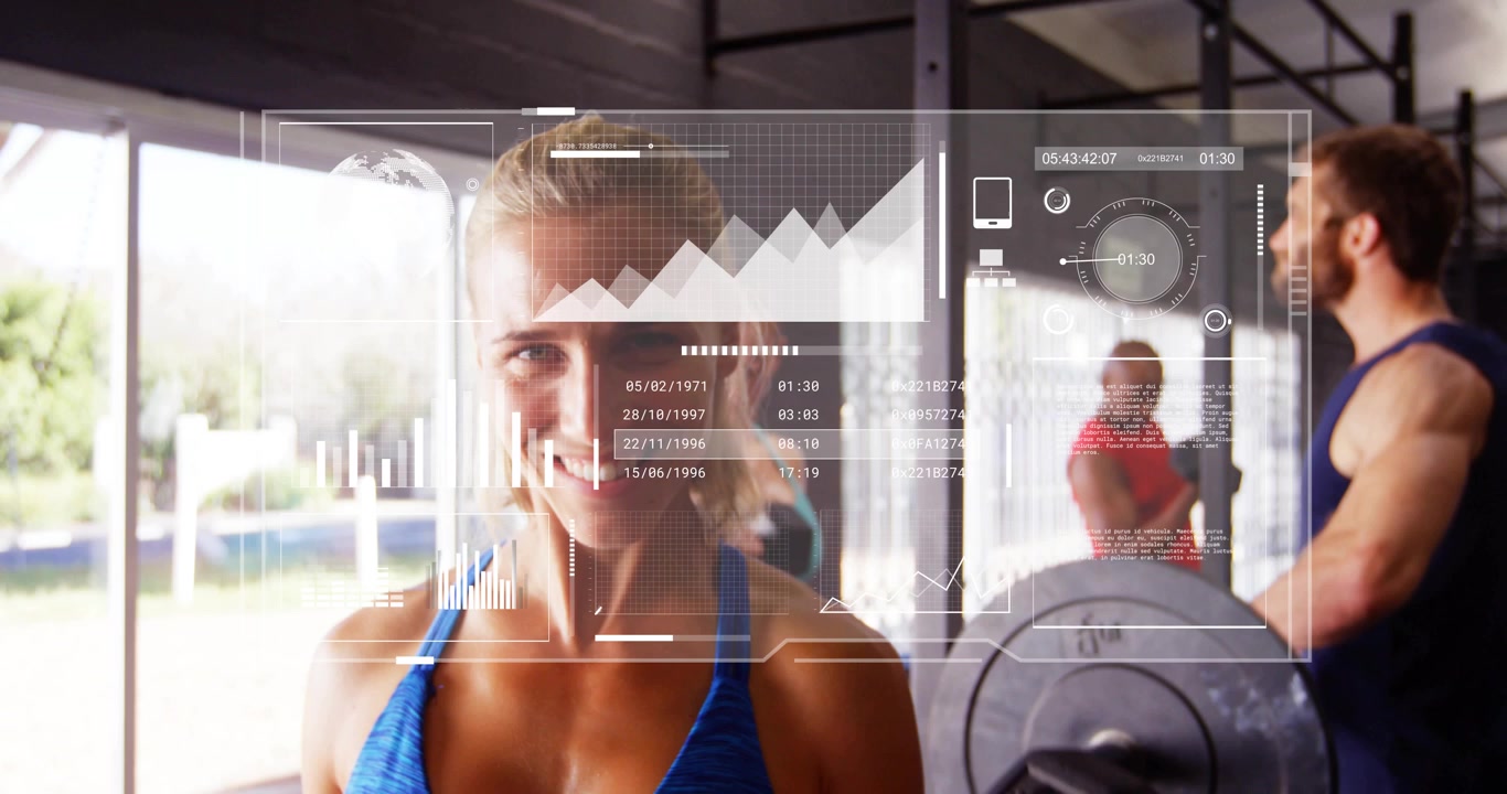 Blonde woman holding dumbbell and performing bicep curls while digital HUD updating fitness metrics