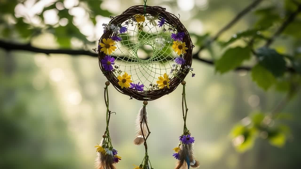 A Beautiful Dreamcatcher Decorated with Colorful Flowers Hangs Gracefully in a Serene Forest Setting, Capturing the Essence of Nature and Tranquility