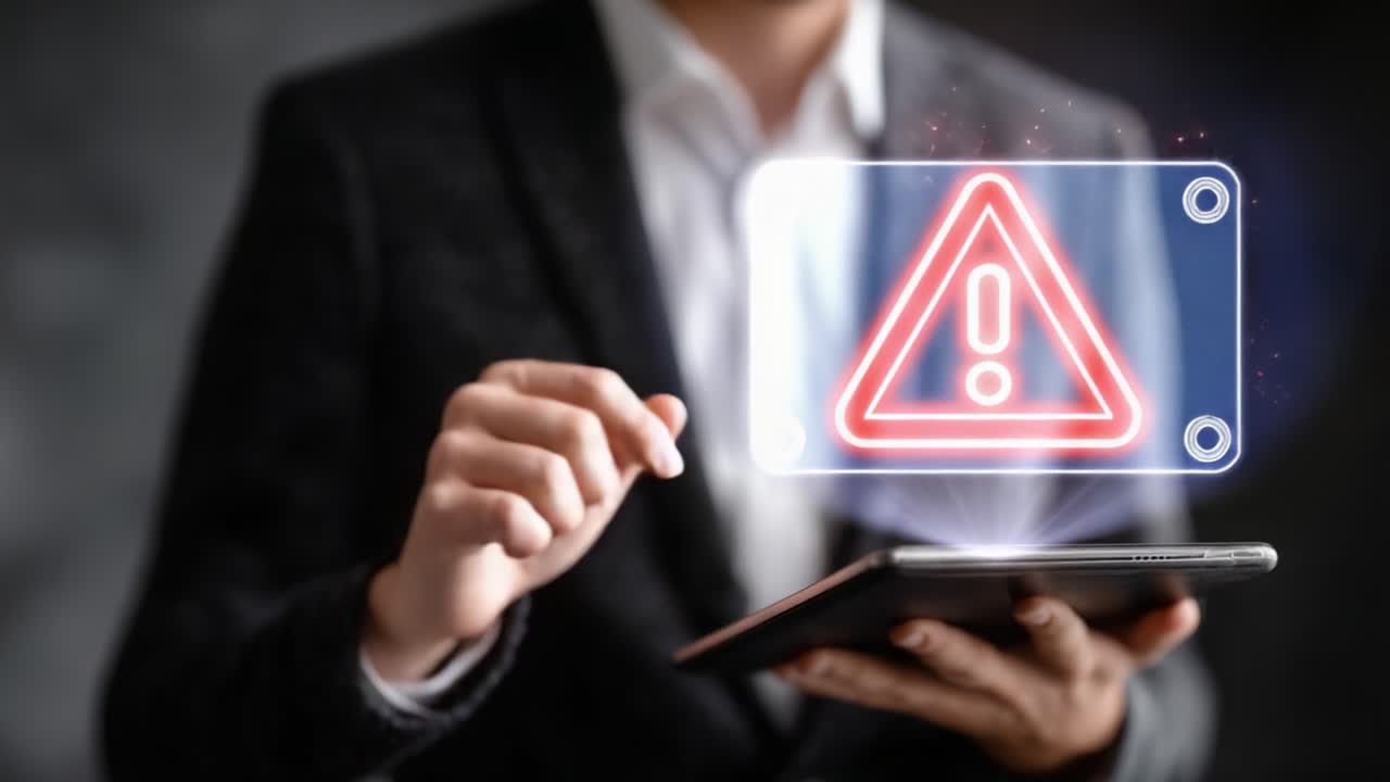 A Professional Man Engaging with a Tablet, Displaying Warning Symbols for Urgent Notifications and Alerts in a Modern Business Setting