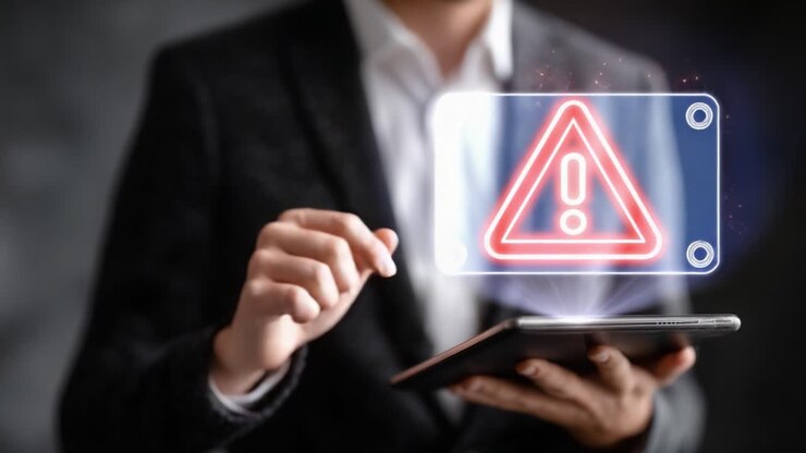 A Professional Man Engaging with a Tablet, Displaying Warning Symbols for Urgent Notifications and Alerts in a Modern Business Setting