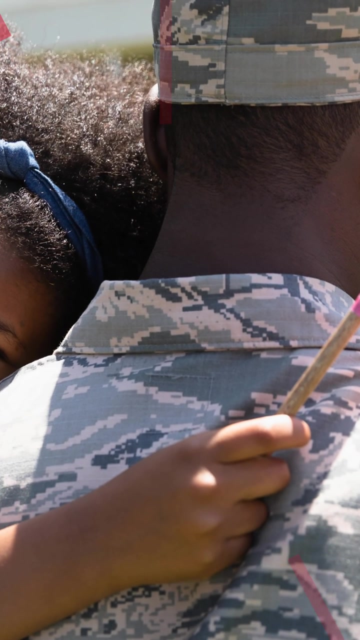 Animation of soldier and daughter holding american flag