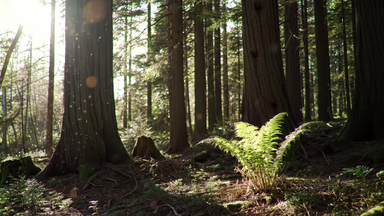 A Serene Moment in Nature: Sunlight Filters Through the Majestic Trees, Illuminating a Vibrant Fern in the Heart of a Tranquil Forest Setting