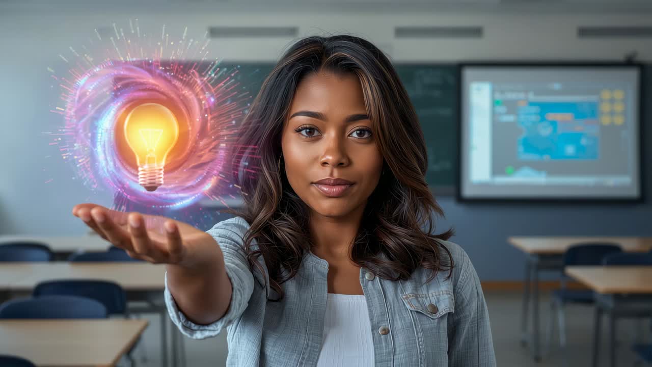 Showing woman in denim shirt holding arm in classroom, purple bulb rising above palm, teaching idea