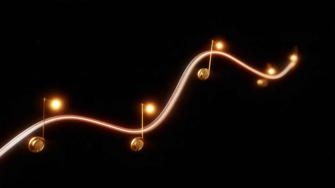 Dynamic Visual Representation of Musical Notes Flowing Through a Dark Canvas, Intertwining with Light Trails to Illustrate the Rhythm and Harmony of Sound Transformation Over Time