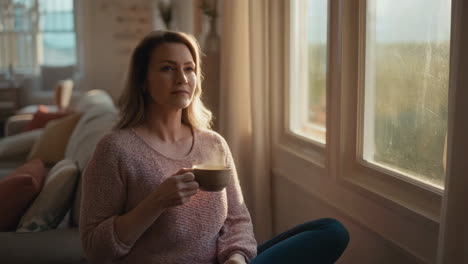 woman enjoying a hot drink by the window in morning sunlight