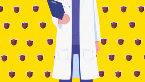 animation of male doctor with face mask and face masks icons on yellow background