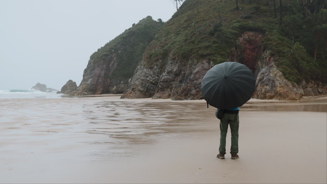 Person with Umbrella on a Rainy Beach