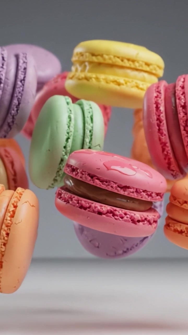 A Vibrant Display of Colorful Macarons in Various Flavors and Textures, Captured in Mid-Air, Showcasing Their Delightful Sweetness and Artistic Presentation.