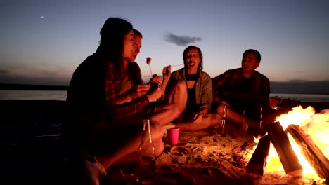 accelerated footage of friends sitting on the beach on a plaid near the bonfire, frying food with wooden sticks, eating, talking. happy time, friendship. night, wind blowing