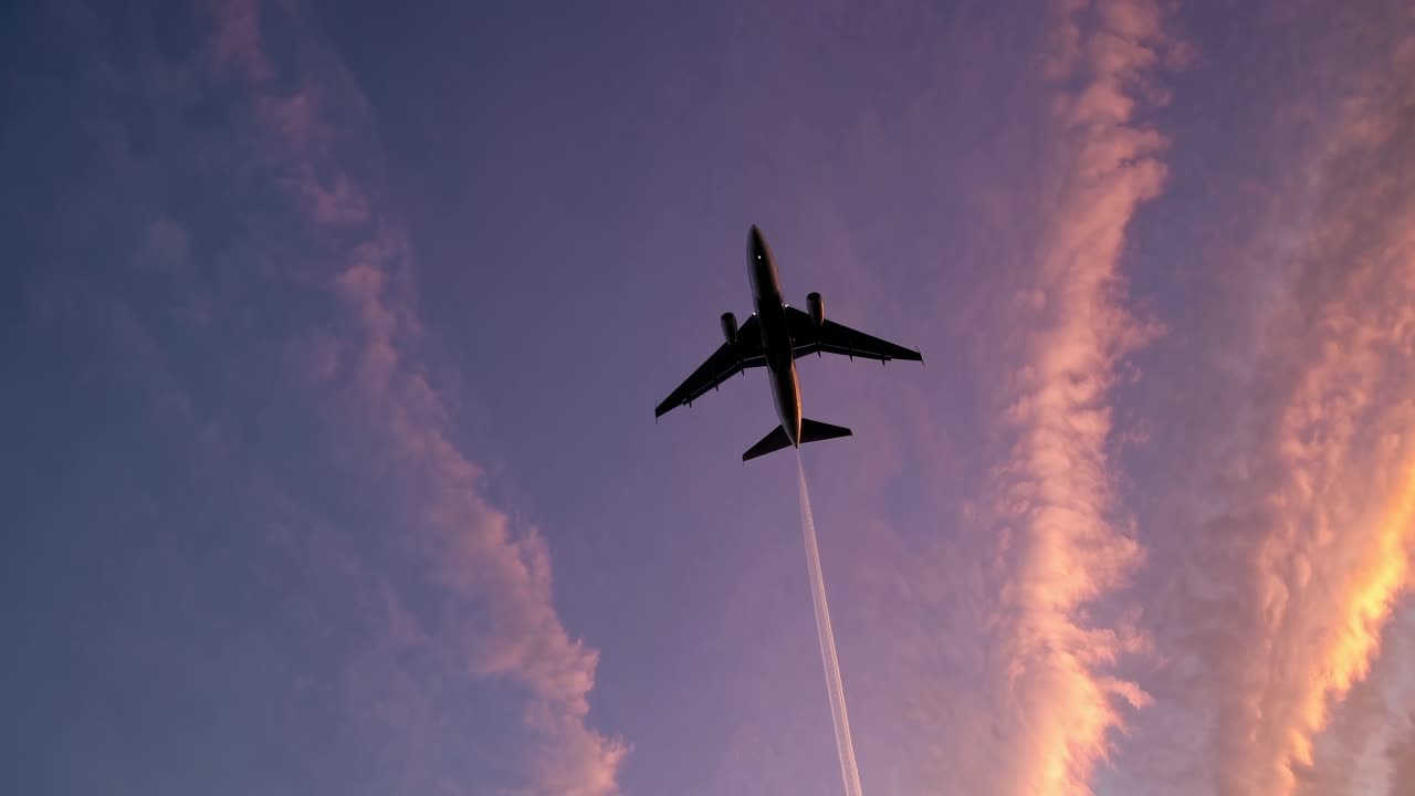 Tomada dramática em ângulo baixo de um avião subindo contra um céu vibrante de pôr do sol, capturando um movimento dinâmico