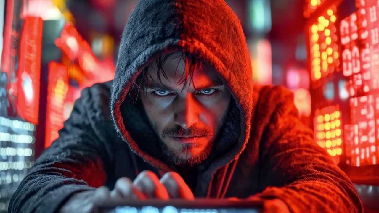 Hacker coding in a dark room