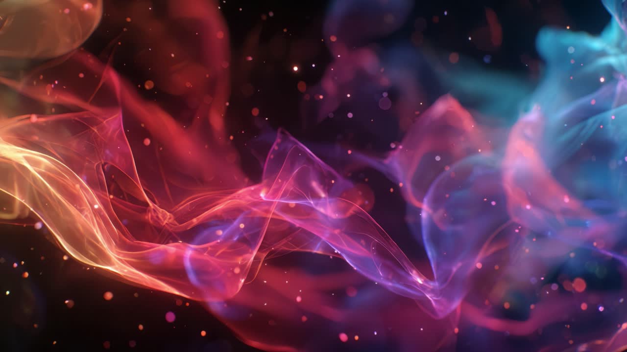 Colorful red and blue energy waves flowing gently across the screen with glowing particles and bokeh effects on a dark background, creating a mesmerizing and dynamic abstract visual motion