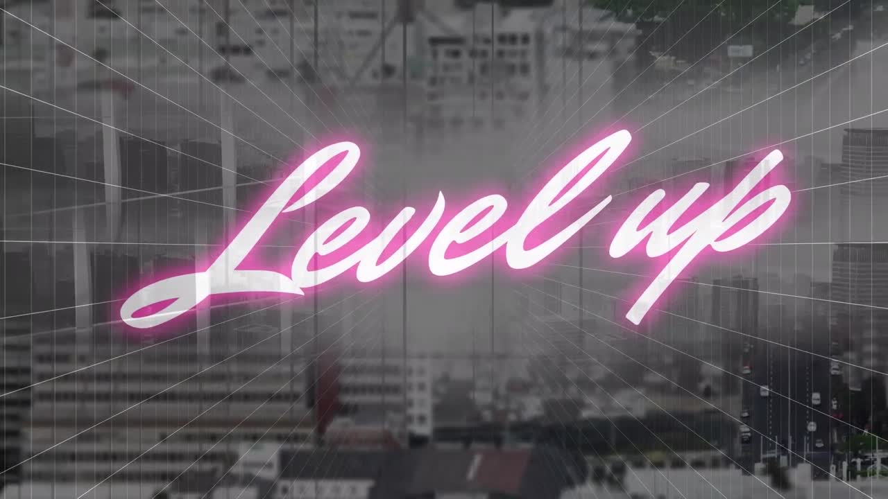 도시 풍경 위의 레벨 업 텍스트의 애니메이션