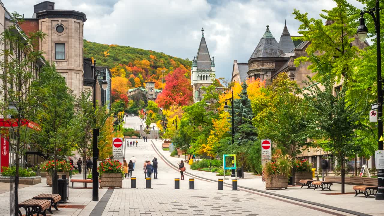 montreal, quebec, canadá, vista en lapso de tiempo del hito histórico de la universidad mcgill y la gente caminando por la calle mctavish de día en la temporada de otoño
