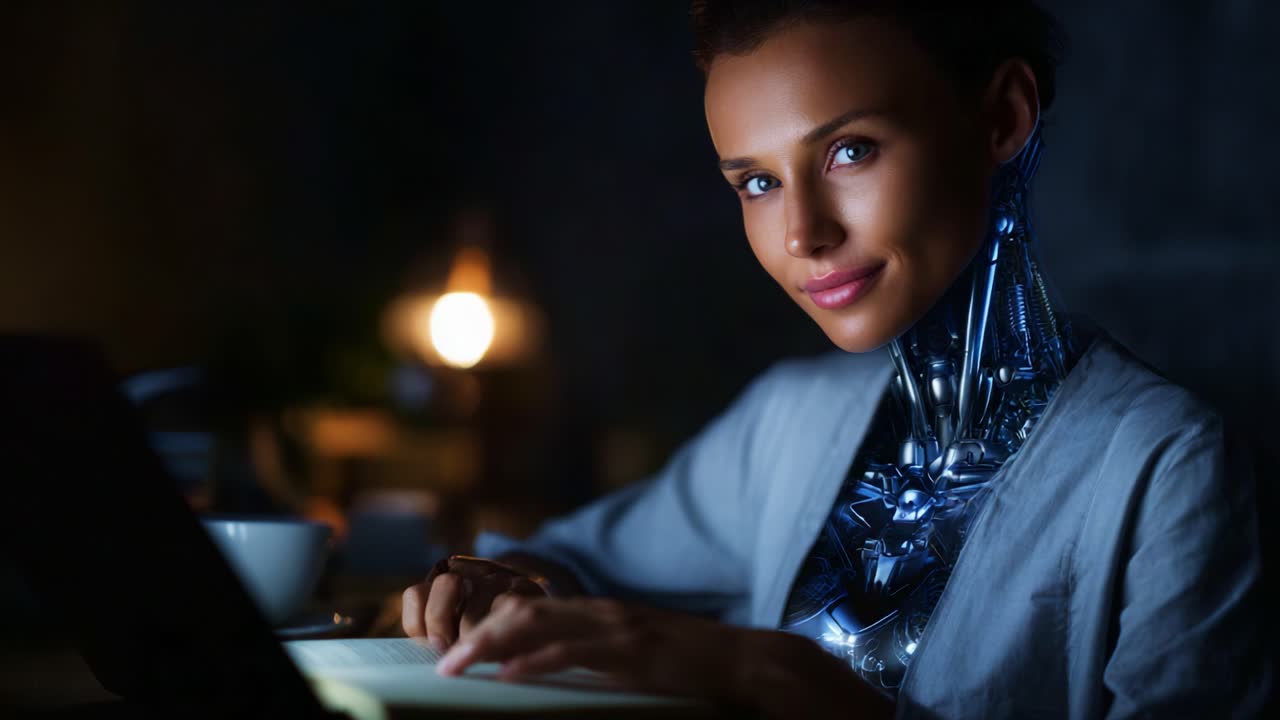 A futuristic scene featuring a humanoid robot with a metallic body, focused on reading in a dimly lit environment, blending technology and human-like features