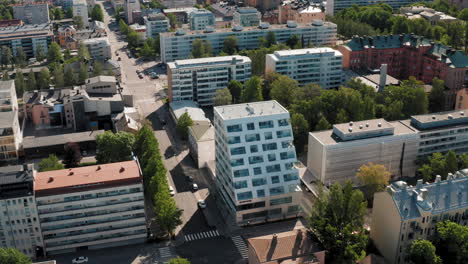 Aerial-Rotating-Shot-of-Modern-architecture-complex-and-design-Buildings-in-Vaasa-city,-Finland