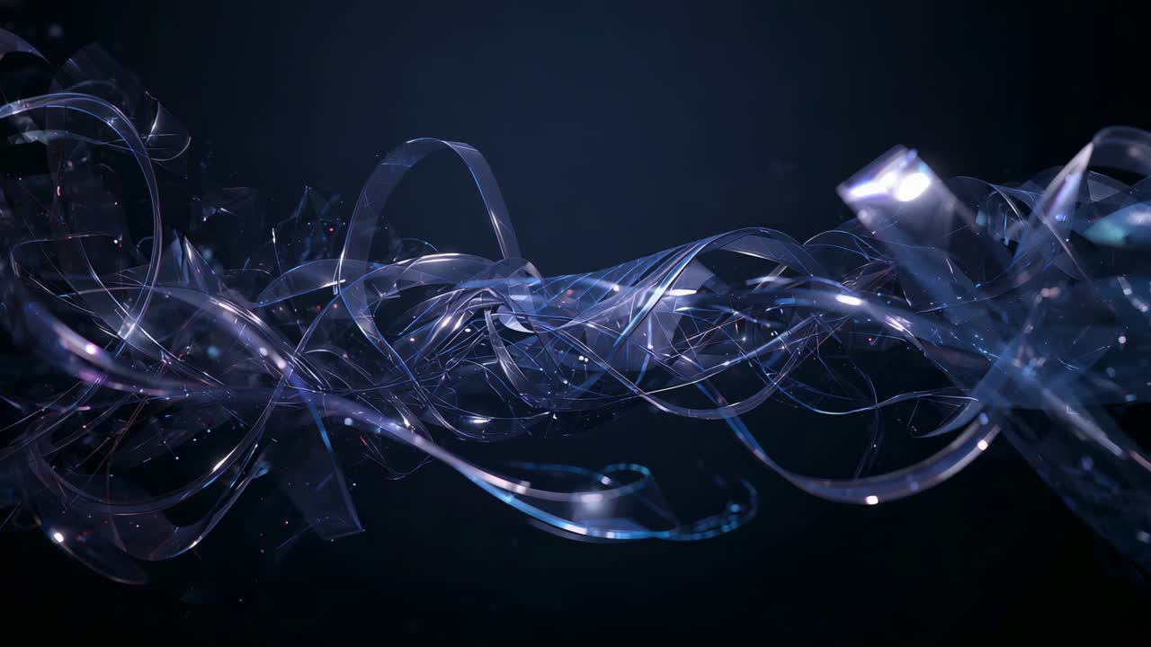 Shifting glass strips pulling loops with pulsing glow showing right lit arc in studio with specks