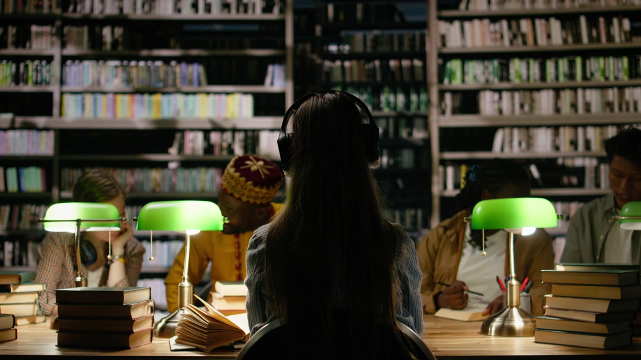 Back view of student adjusting headphones in dark library study room