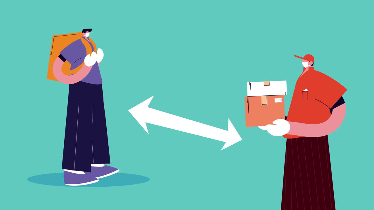 상자 애니메이션을 가진 배달 서비스 노동자