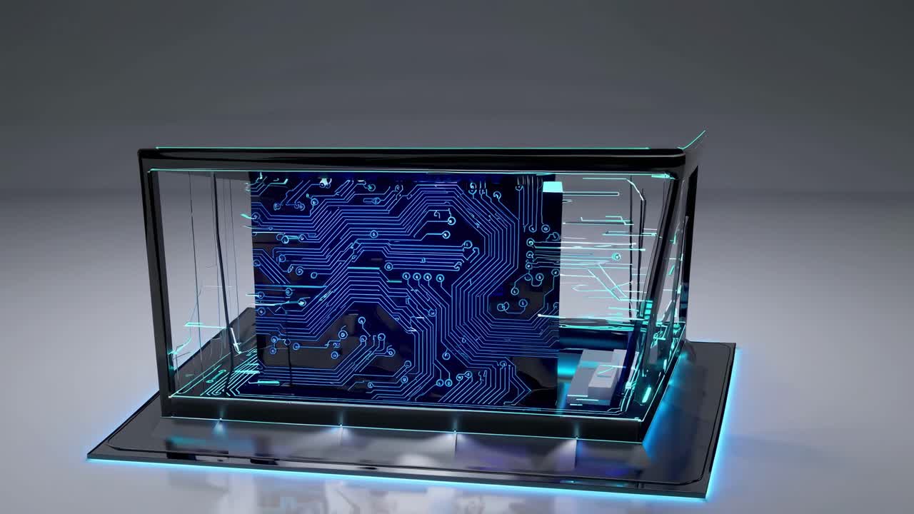 Futuristic digital circuit in a glass box, viewed from a low angle