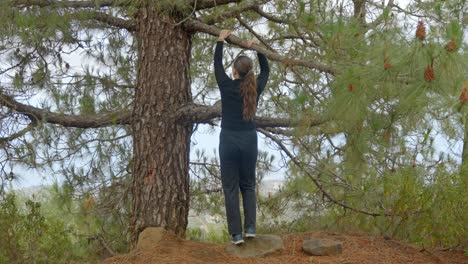 slow motion, girl trying to climb large pine tree in forest, north tenerife