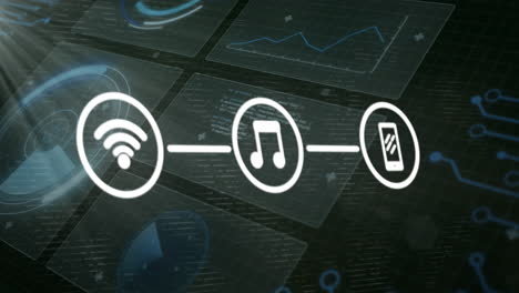animation of media icons over data processing on black background