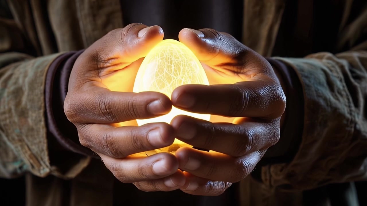Hands Holding a Mystical Glowing Egg with Pulsating Light