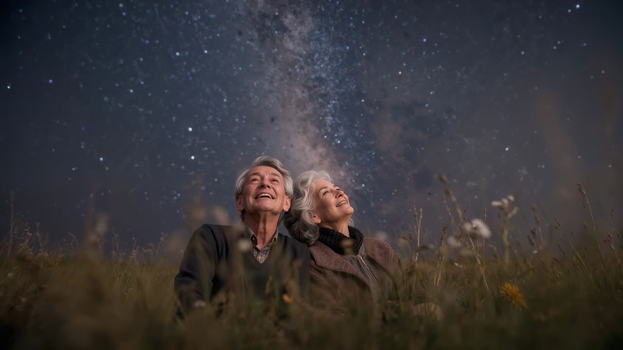 Leaning seniors tilting as clear sky drawing gaze viewing Milky Way amid grasses in jackets scarf