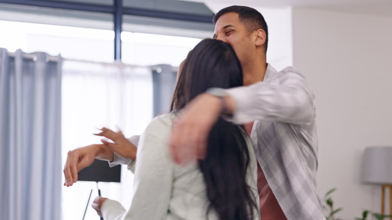 Love, happiness and happy couple in living room