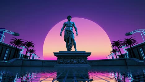 retro futuristic statue in a neon cityscape