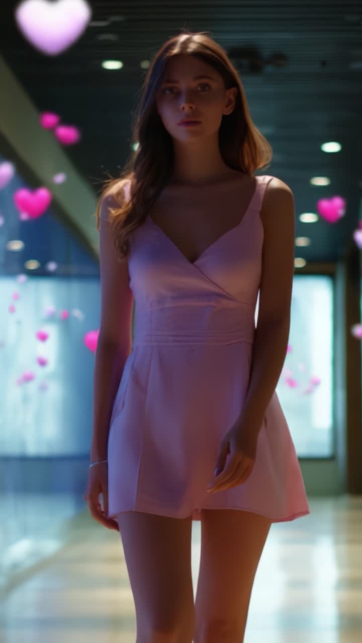 Una giovane donna elegante cammina con sicurezza in un elegante vestito rosa sotto cuori luminosi, creando un'atmosfera sognante e romantica mentre avanza