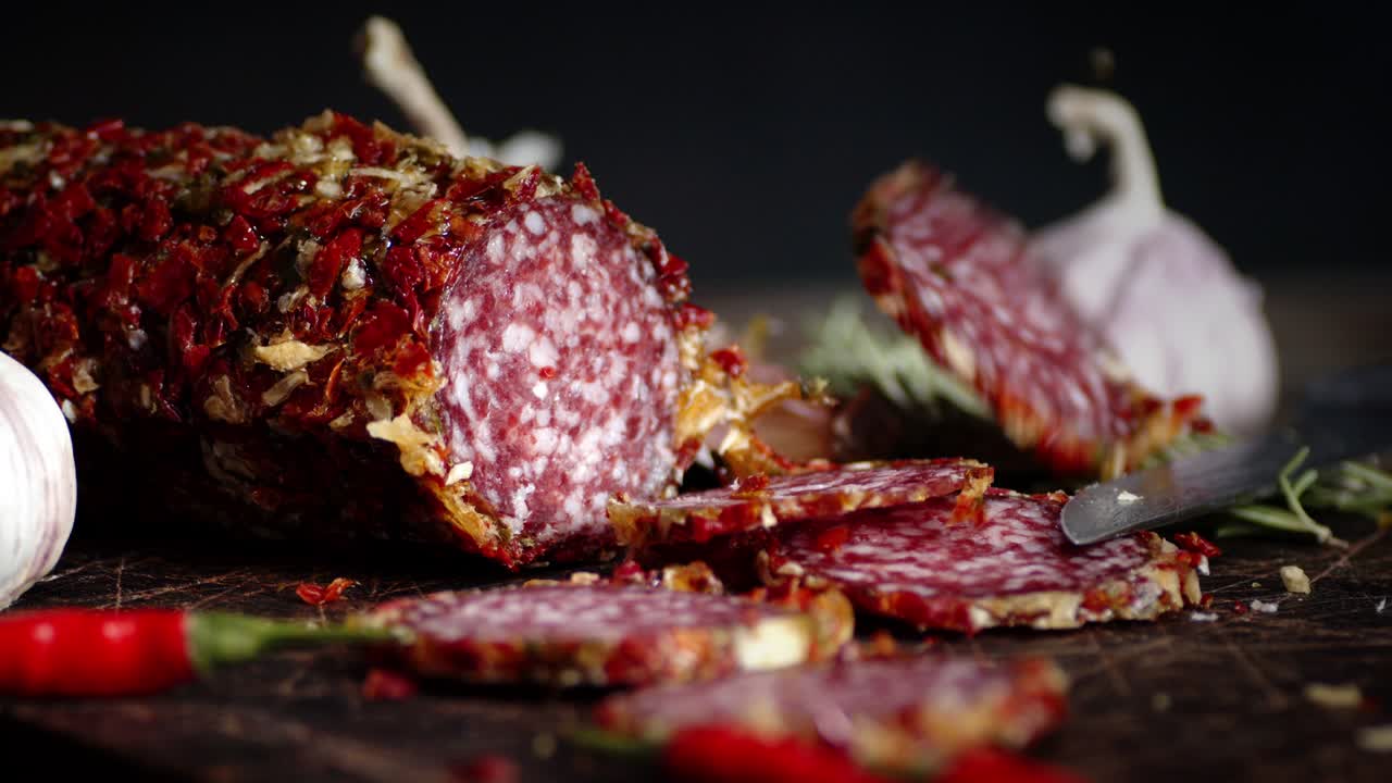 trozos de salame con especias caen sobre la mesa.