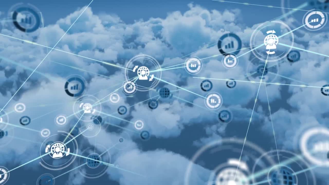 Animation of network of digital icons over clouds in the blue sky