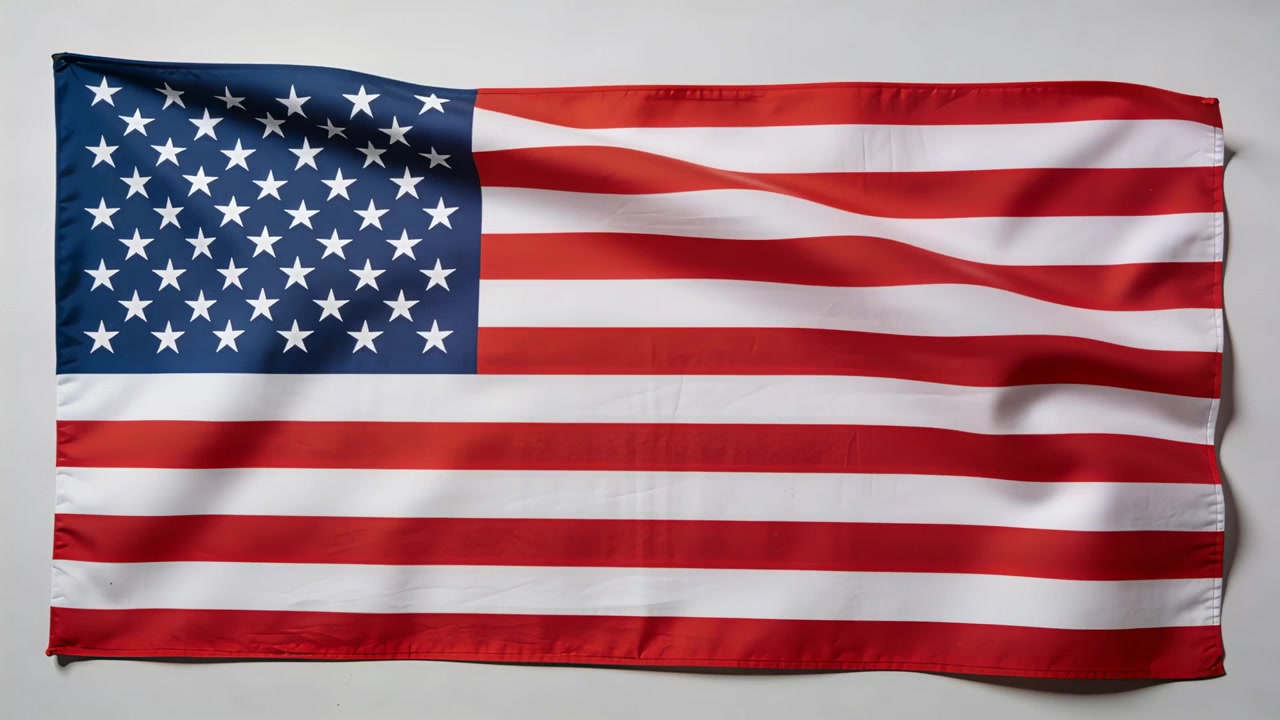 Wehende US-Flagge, die sich von einer kleinen Falte oben links über eine neutrale graue Wand mit sichtbaren Ösen erstreckt