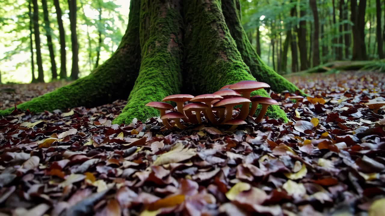 Mushrooms Under a Tree in the Forest