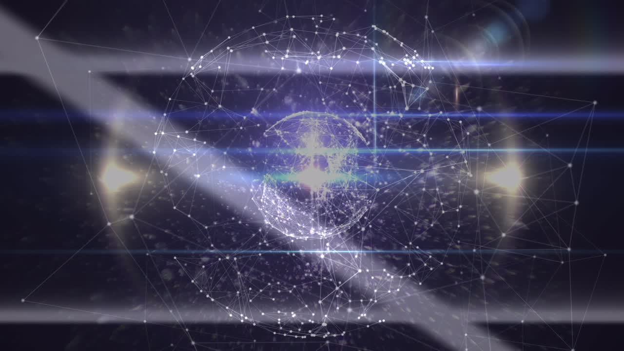 흑색 배경에 회전하는 연결 네트워크의 지구의 애니메이션과 밝은 반점