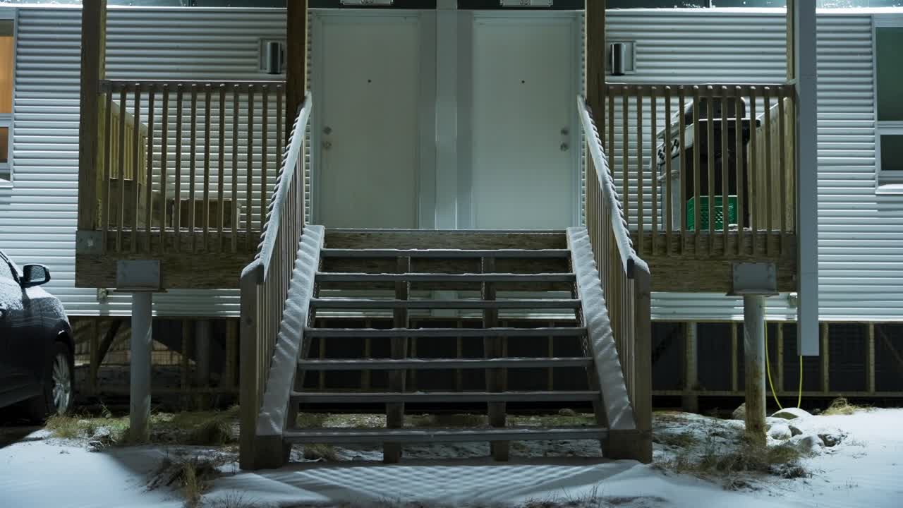 Snow covered stair case in quiet neighbourhood
