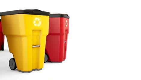 many color plastic garbage bins with recycling logo. staked on white background, staked on circle.