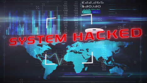 Animation-of-system-hacked-text-and-data-processing-on-black-background