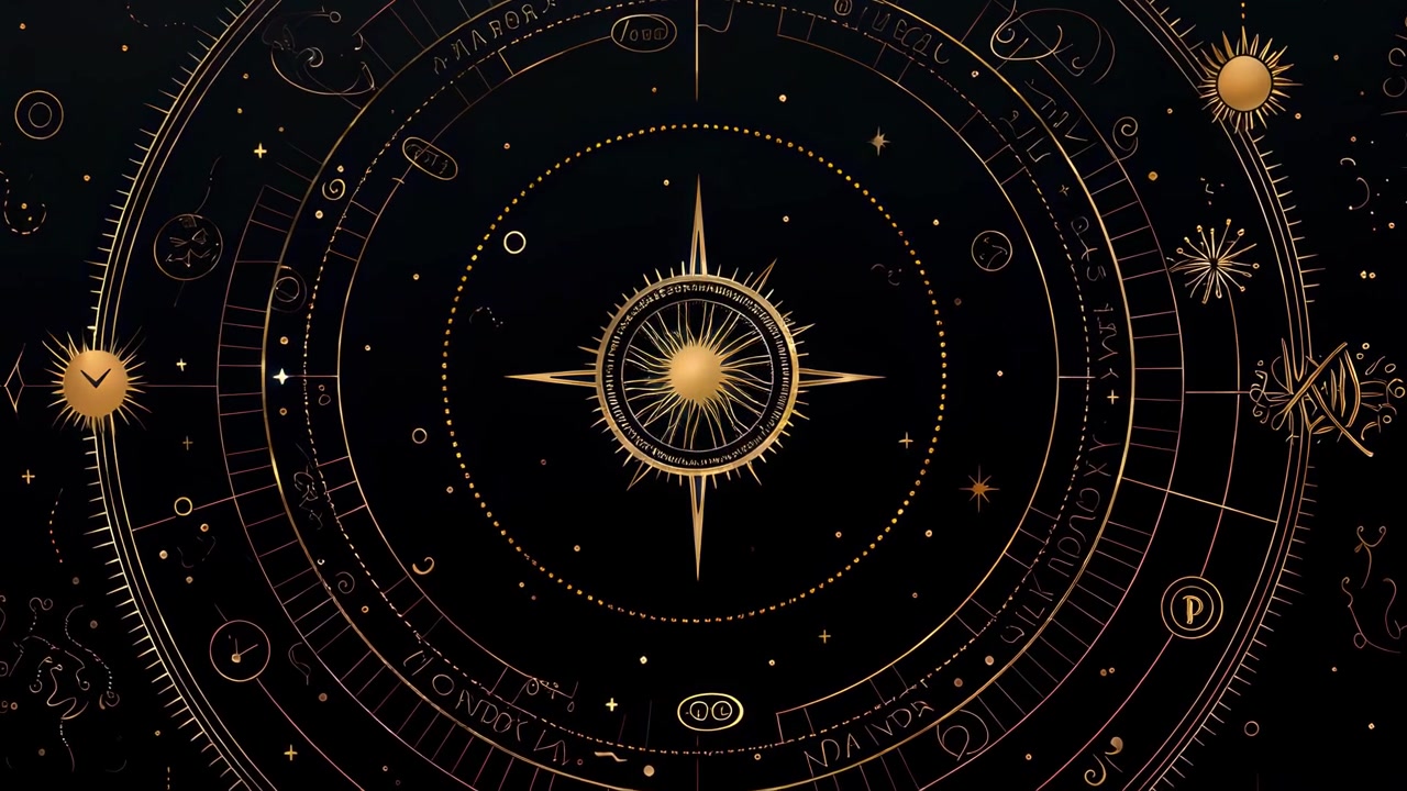 Intricate Golden Astrological Chart with Celestial Symbols on Black Background