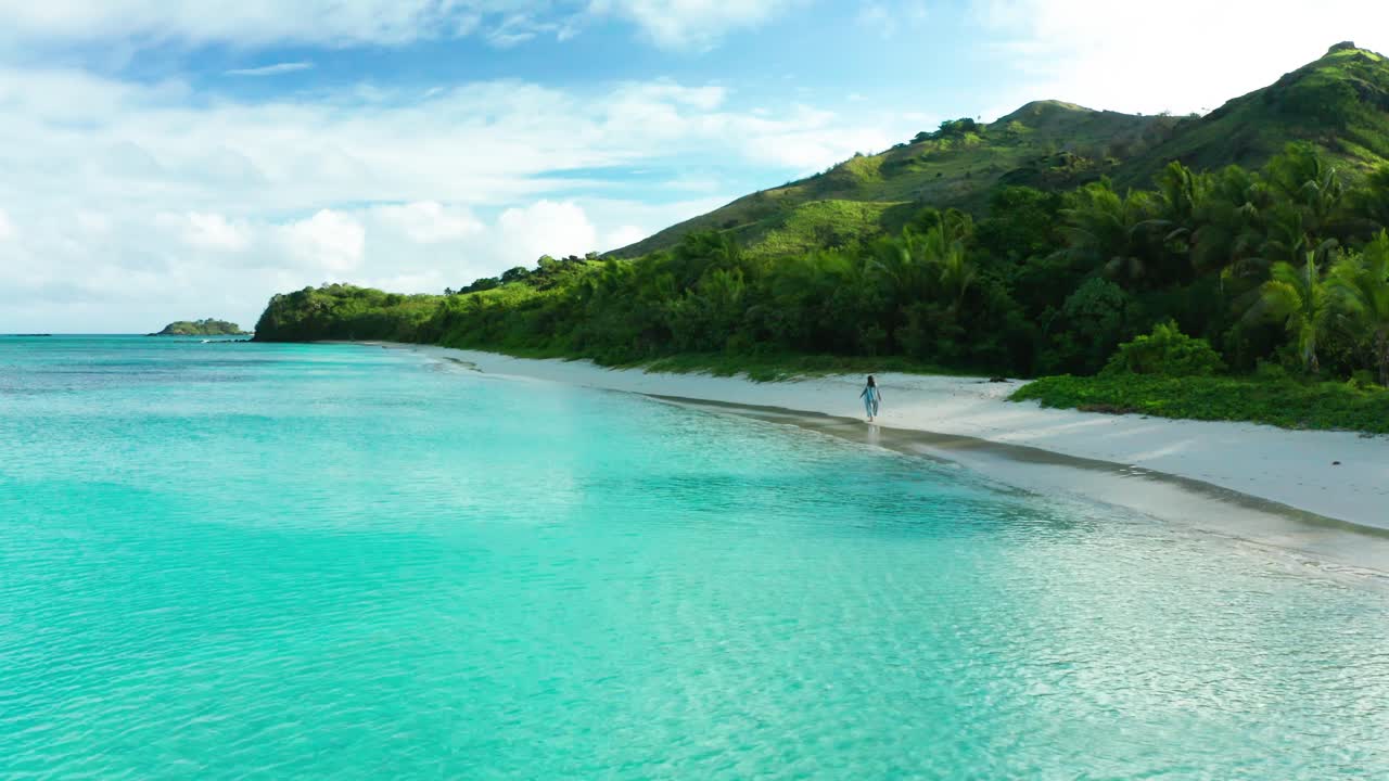 백그라운드에서 무성한 산들과 고립 된 해변에서 혼자 걷는 여자, 공중