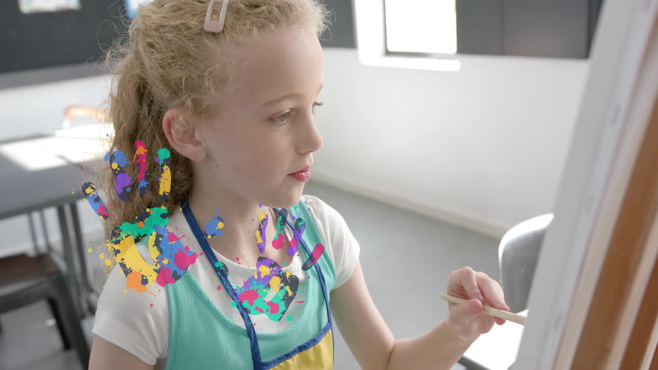 Painting on canvas, girl surrounded by colorful splashes animation