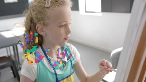 painting on canvas, girl surrounded by colorful splashes animation