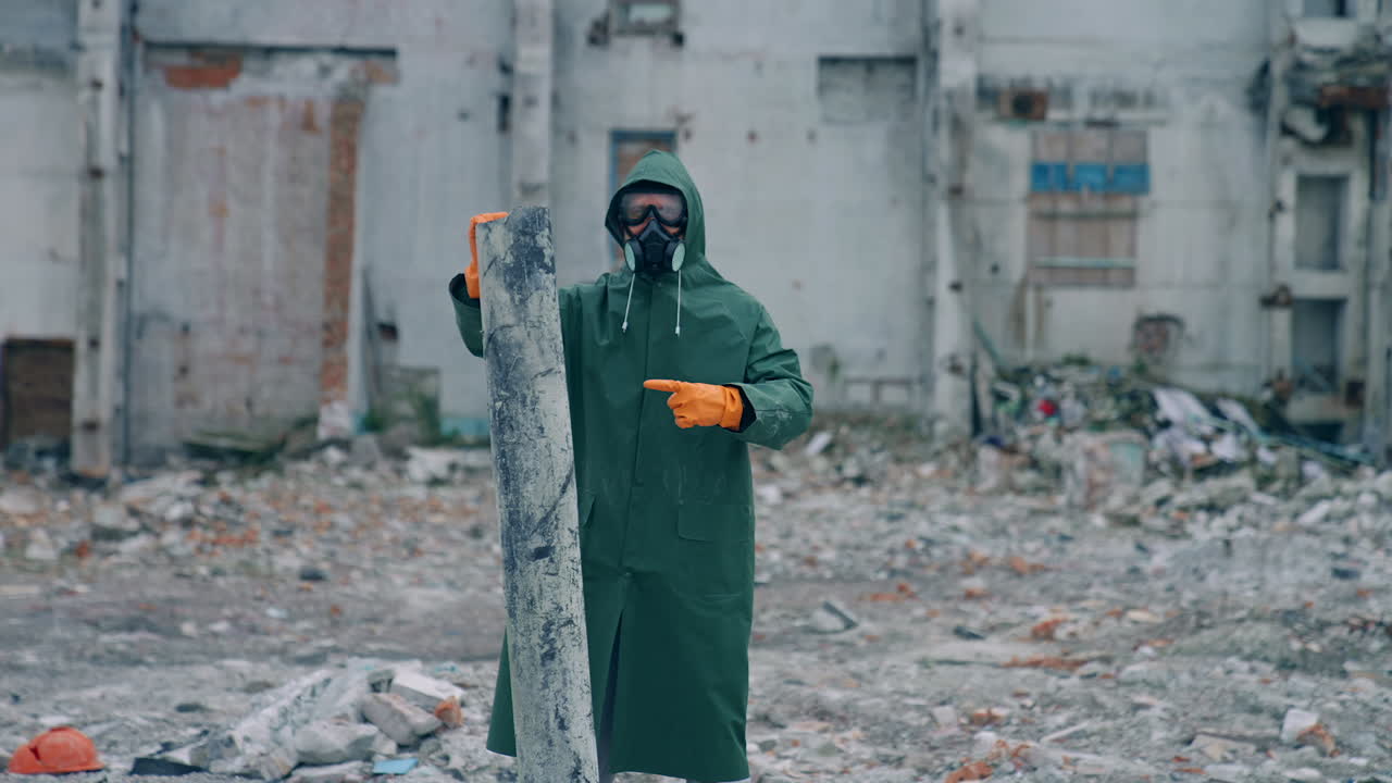 Man in protective chemical clothing. Man in chemical protection in post apocalyptic world