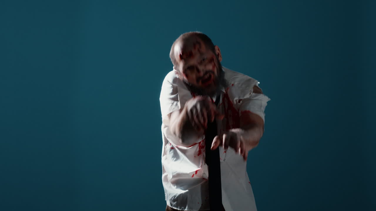 Growling creepy monster prowling at camera on blue background