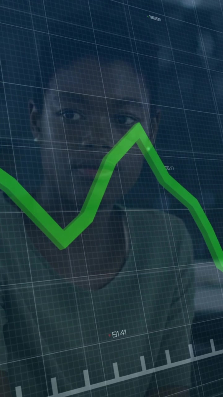 Animation of green line and financial data processing over diverse business people in office